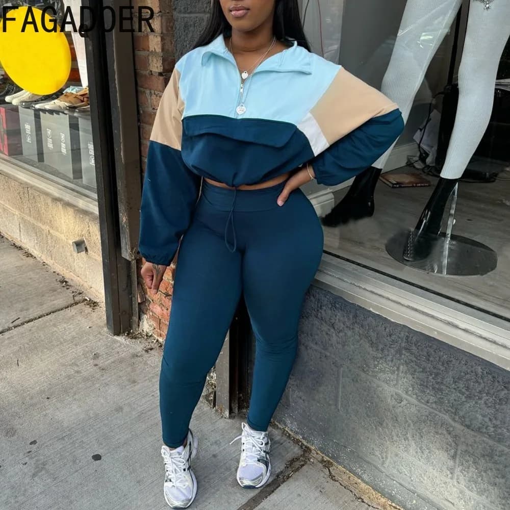 FAGADOER Color Block Set of 2 Pieces Outfit Woman Long Sleeve Zip sweatshirts and leggings Jogger Streetwear Autunno New