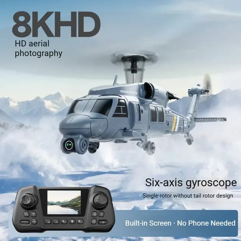 Elicottero RC L2-DORN Apache con Telecamera Aerea 8K, Giroscopio a 6 Assi, Monopala Senza Rotore Ausiliario, Giocattolo Militare con Telecomando
