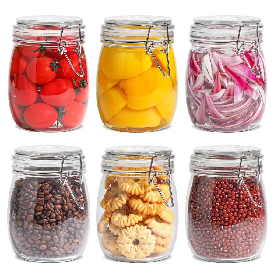 Set of 6 25oz Airtight Glass Jars, Round Containers for Foods with Closing Covers for Kitchen, Stores and Cereals