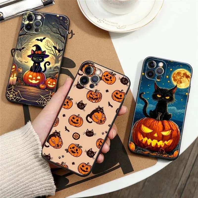 Halloween Pumpkin Black Cat Phone Case For iPhone 17 16 15 11 12 14 13 Pro Max Mini XS X XR 7 Plus 17E Shockproof Silicone Cover