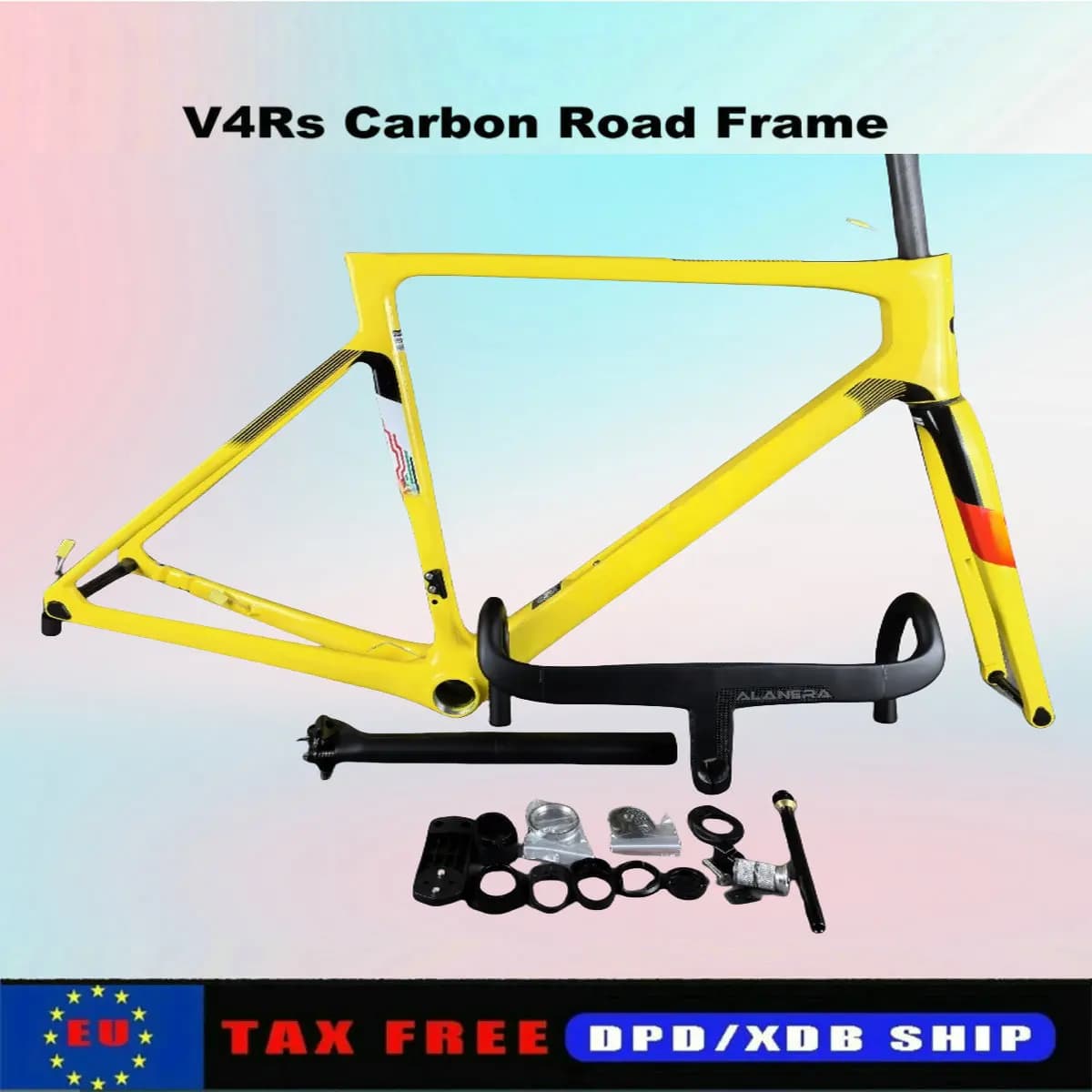 Telaio Bici V4RS Leggero Giallo Lucido in Carbonio T1100 per Bici da Strada con Freno a Disco e Manubrio