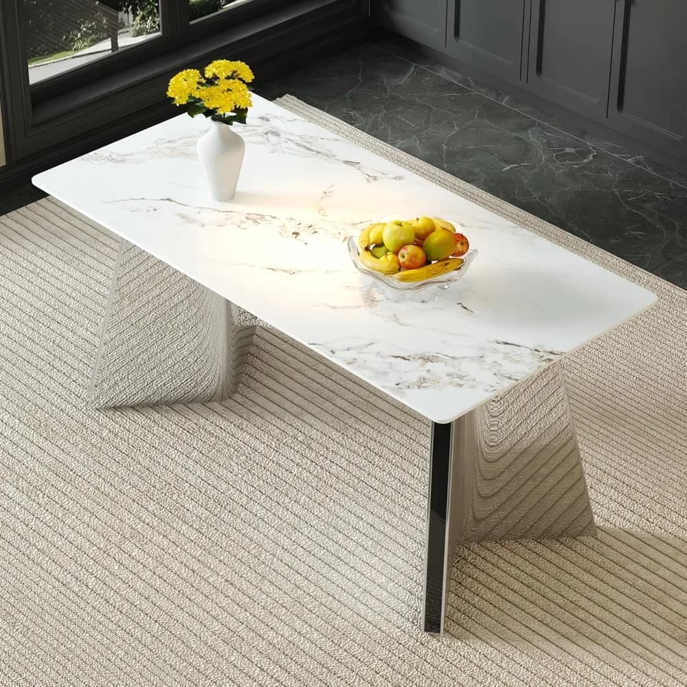 Tavolo da pranzo moderno in finto marmo per 6 – Tavolo da cucina rettangolare con gambe in acciaio inossidabile dorato, resistente ai graffi e al calore, facile