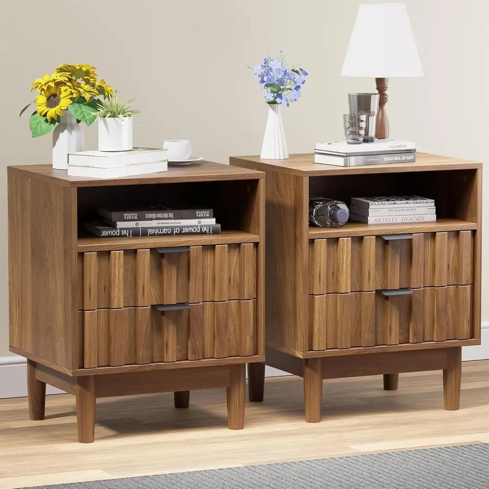 Set di 2 comodini con 2 cassetti, comodino largo 19 pollici con gambe in legno massello, ripiano aperto, comodino in legno stile Century.