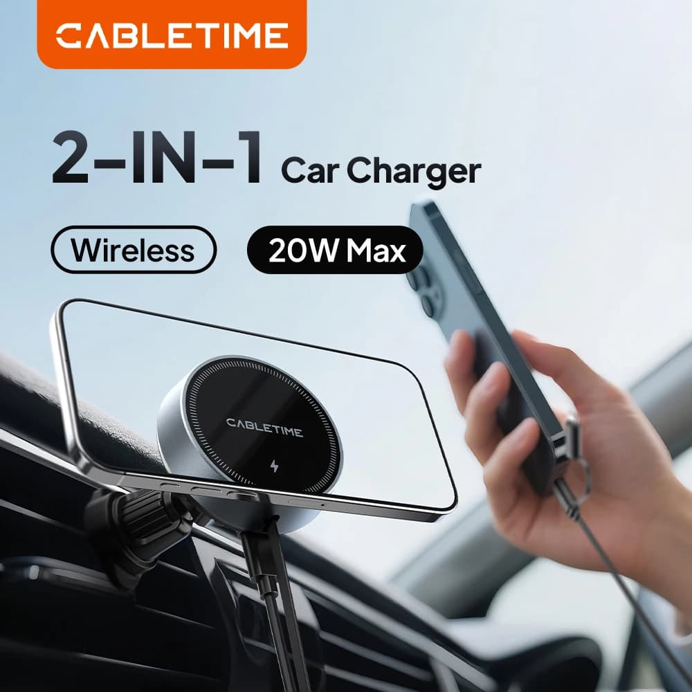 CABLETIME 15W Wireless Car Charger Magnetic Phone Holder Auto Clamping High Load-Bearing Adjustable for iPhone 15/16/17