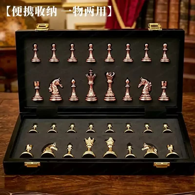 Chess set, zinc alloy carved chess pieces, high-gloss piano lacquered chessboard, gift collection set