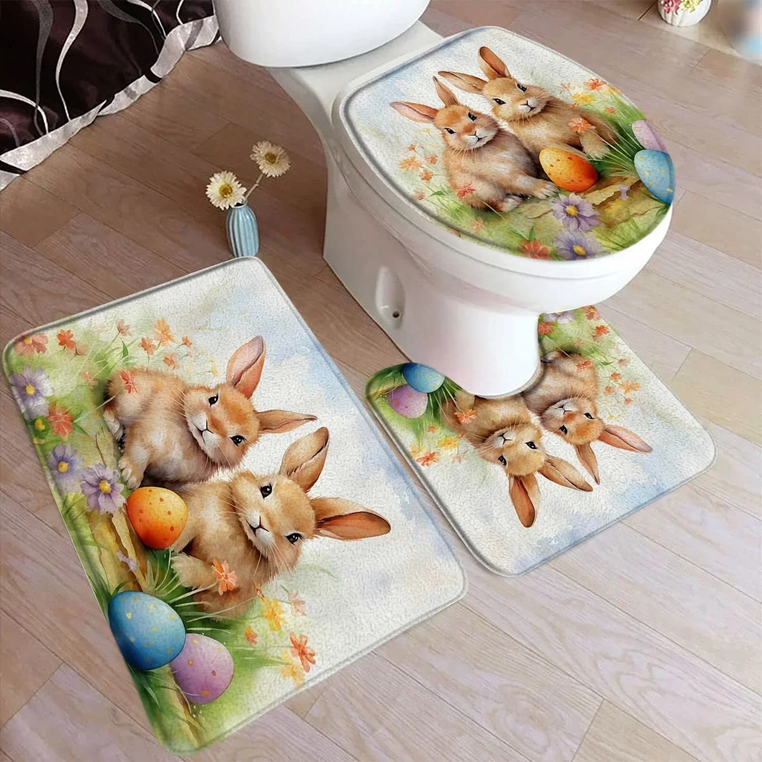 Divertente coniglietto pasquale set tappetino da bagno coniglio marrone acquerello fiore pianta uova tappeto per la casa arredamento per il bagno tappeto copriwater
