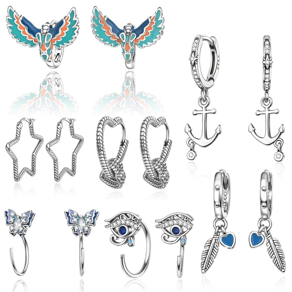 Orecchini Vintage in Argento 925 con Piume, Aquile, Stelle, Cuori, Farfalle, Occhi e Motivi Marini, Stile Punk