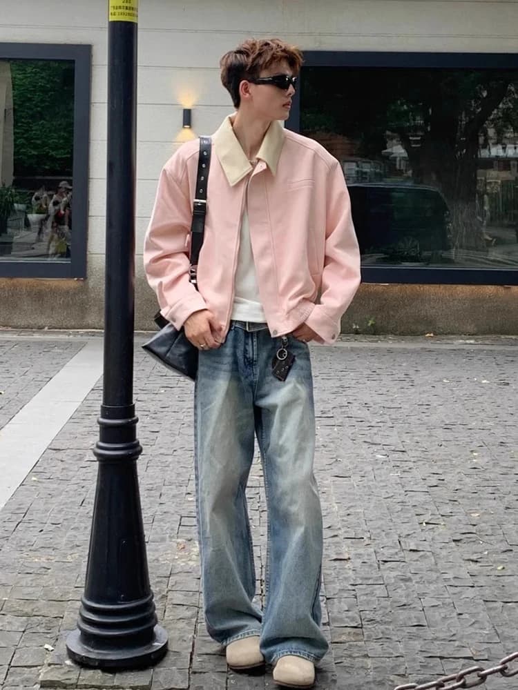 Pink Suede Jacket Unisex Spring Autumn Baseball Style High Collar Men's Women's Couple's Jacket Fashionable Windproof Long Sl...