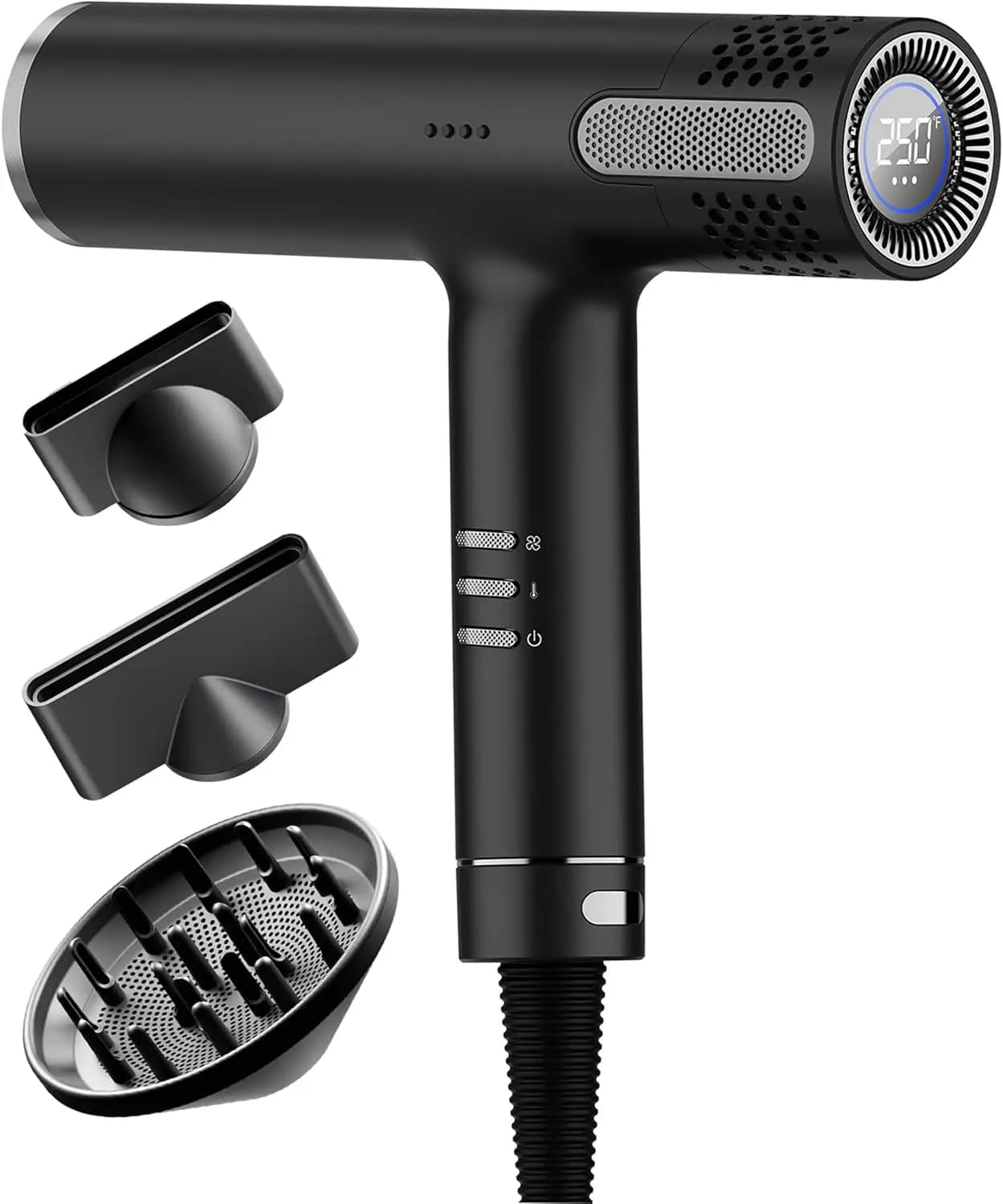 Asciugacapelli Professionale Ionico con Diffusore, Asciugatura Rapida e Compatta, 4 Impostazioni di Calore e 3 di Flusso d'Aria, Display LCD per Tutti i Tipi di Capelli
