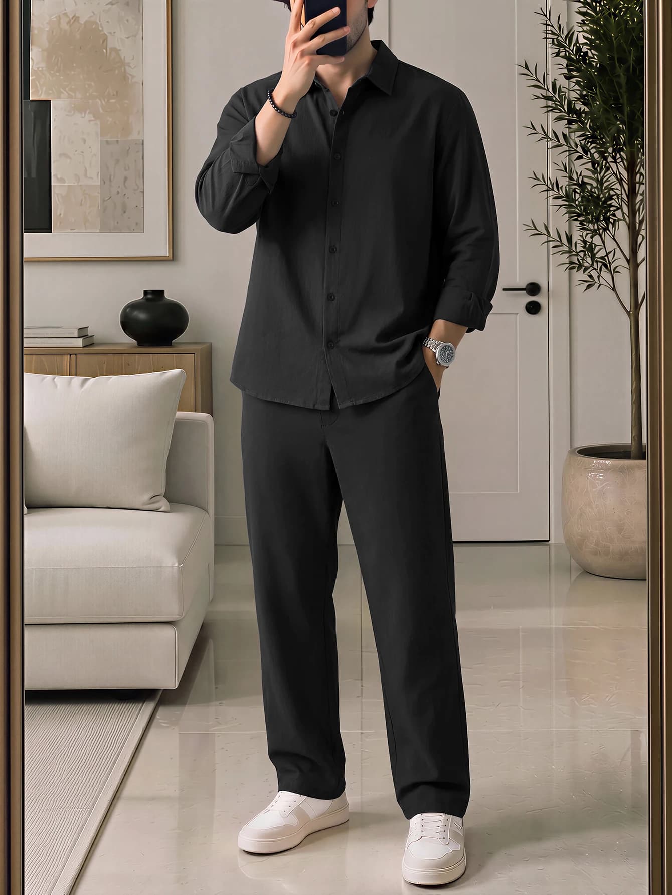 Lightweight And Comfortable Men's Linen Long-sleeved Shirt And Straight-leg Trousers For Summer, Breathable Linen Two-piece Set