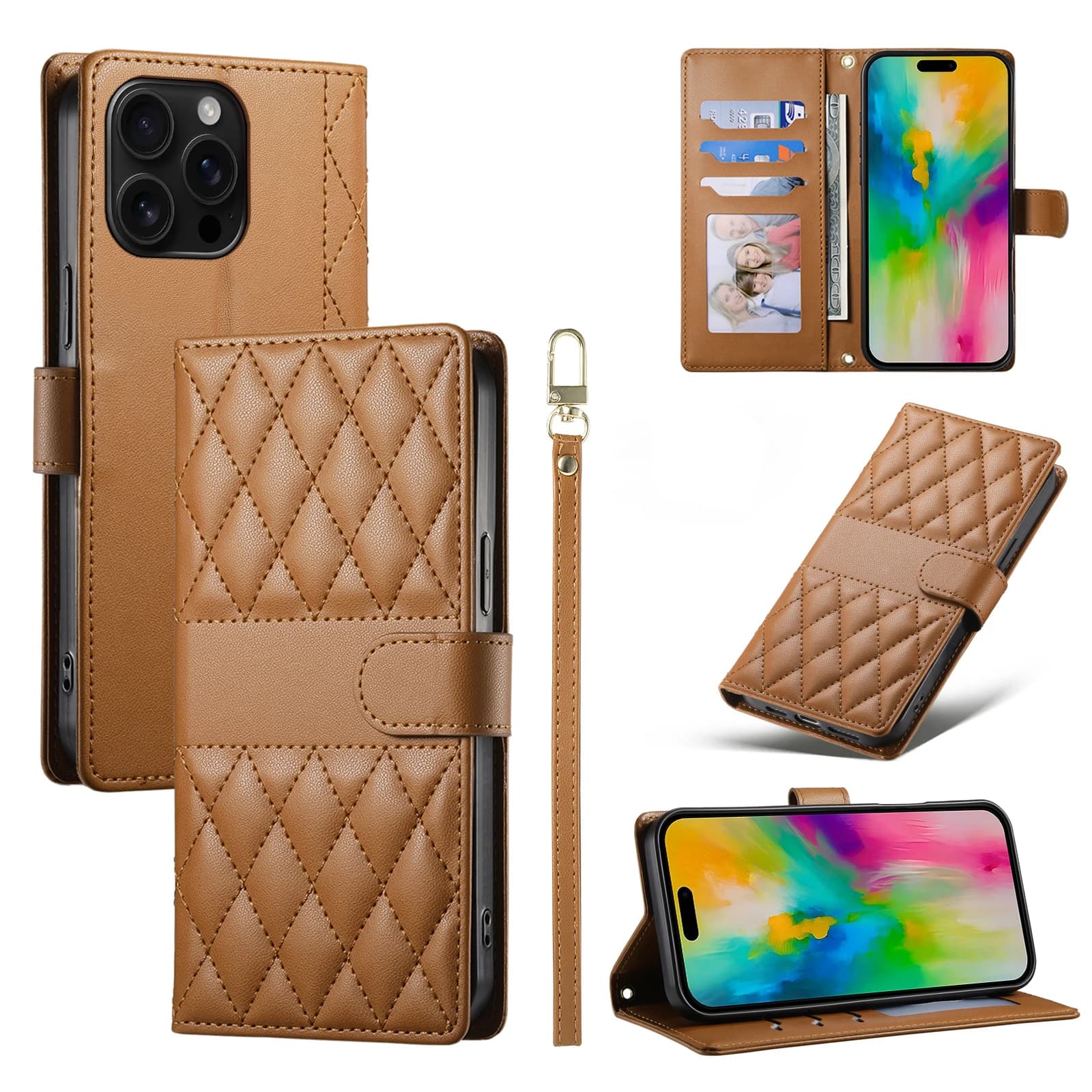Wallet leather case for iPhone 16 Pro Max 15 Plus 14 13 12 11 Flip Long Cordino Diamond Strap Cover