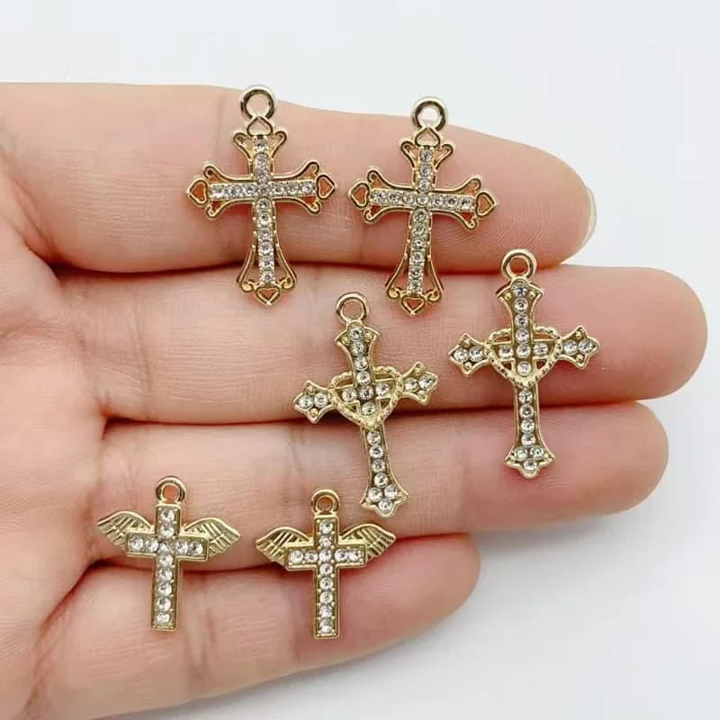 10pcs Diamond studded Gold Cross Alloy Pendant Love Wings Water Diamond Cross Pendant DIY Bracelet Necklace Jewelry