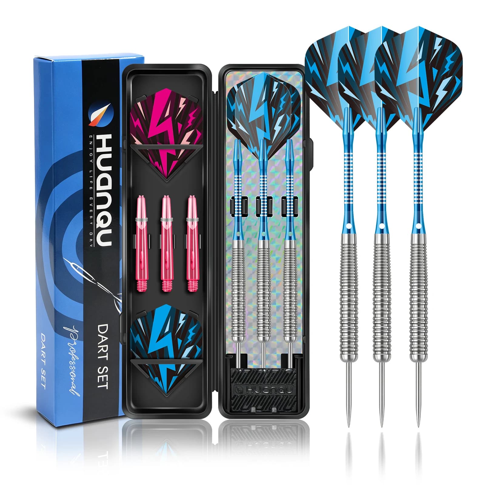 HUANQU 3Pcs 19g Iron Darts Set 2BA Shafts Standard Flights Textured Grip Barrels Steel Tip Darts for Training Game Party