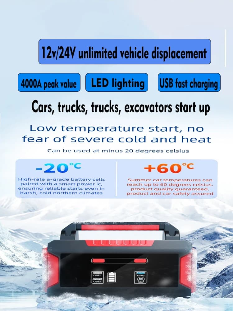 Avviatore d'Emergenza per Auto 12V/24V Multifunzione, Power Bank Portatile con Luce LED e USB