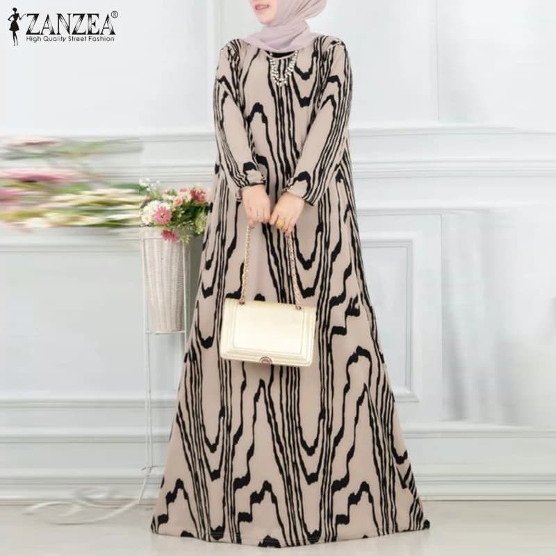 ZANZEA Hijab musulmano Abito lungo allentato da donna Linee ondulate Stampa Manica a lanterna Abaya Vestaglie Abito islamico da donna Ramadan