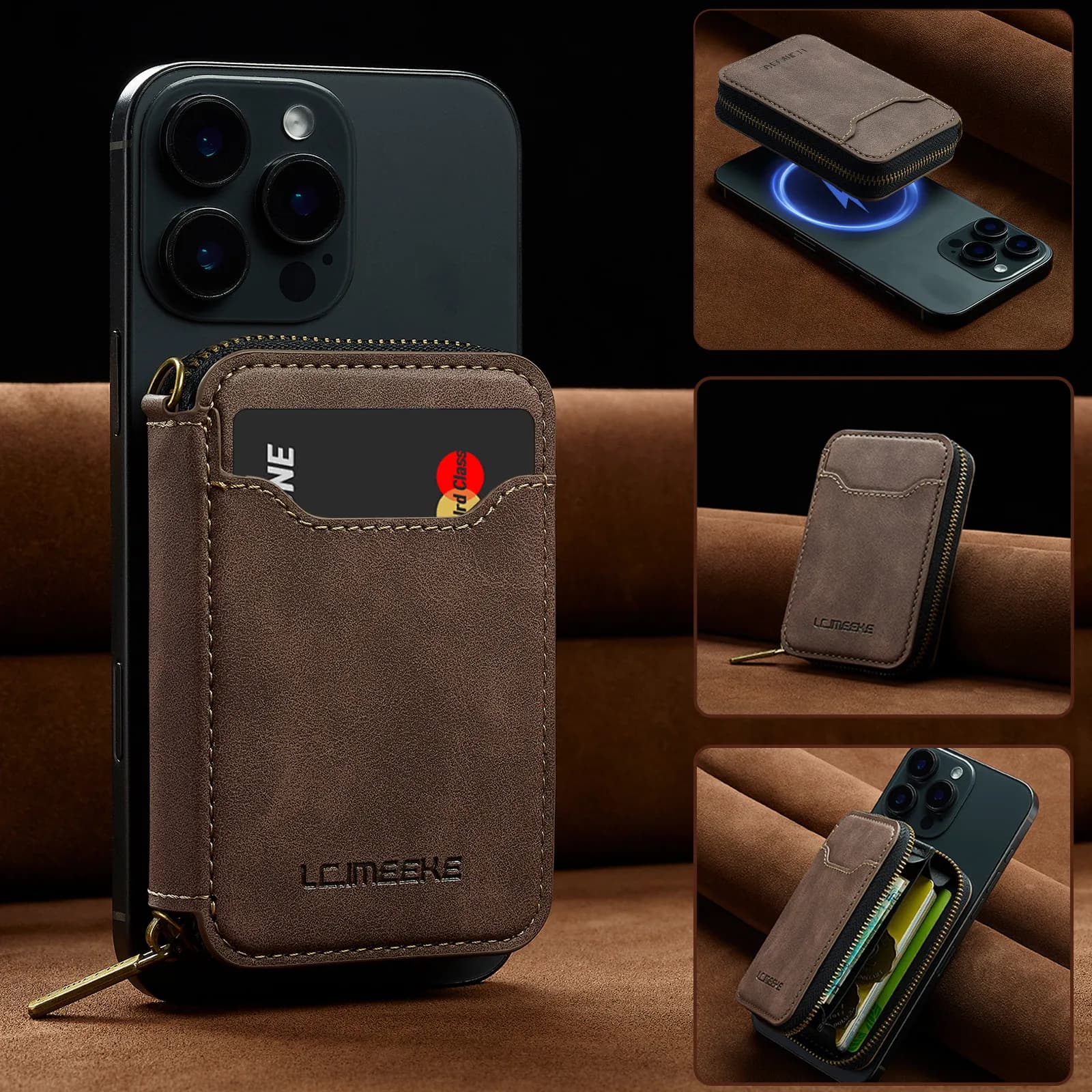 Wallet with magnetic zipper leather card slot for iPhone 17 Samsung Galaxy Google Xiaomi Phone Magnetic phone bag MagSafe
