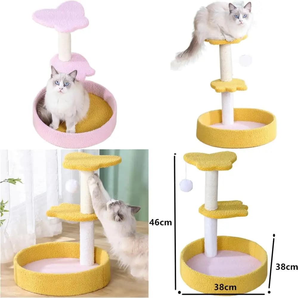 Casa sull'albero per gatti a tre livelli con tiragraffi in sisal e giocattolo per animali domestici con palline di lana per la cura delle artigli