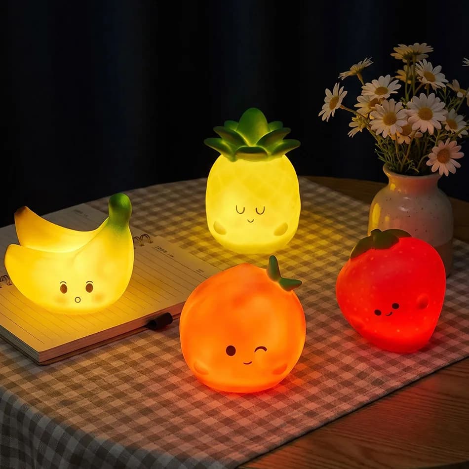 Mini Cartoon Fruit Figure LED Night Light Silicone Peach Banana Strawberry Pineapple Cute Desktop Decor Figurine