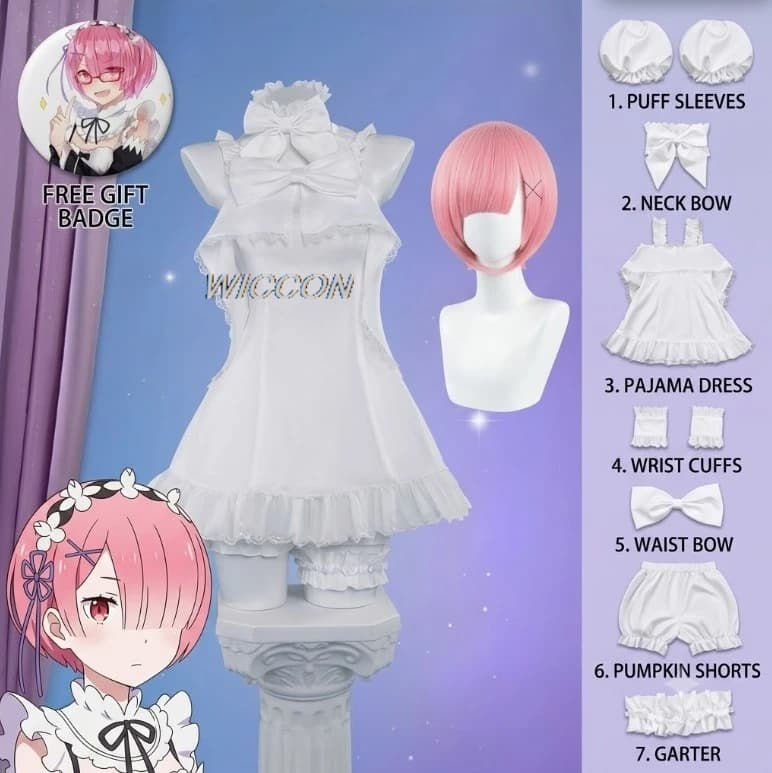 Starting Life in Another World Cosplay Costume Wig Sweet Angel RM Pure White Pajamas Twin Cosplay Garment
