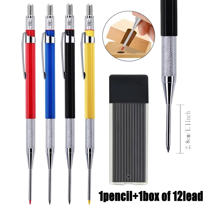 2pcs/set Creative 2.0mm Deep Hole Metal Woodworking Mechanical Pencil Set with 2B Lead Refill, Carpenter Marking Pencil Supplies