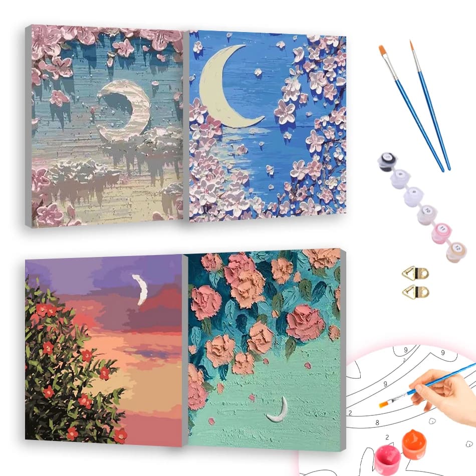 RUOPOTY Pittura a Olio con Numeri, Fiore e Luna, Paesaggio Romantico 20x20cm, Cornice Inclusa, Per Principianti, Disegno Semplice su Tela, Regalo