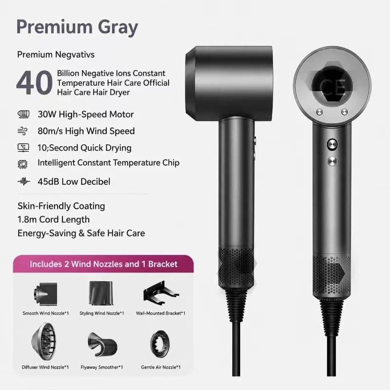 30W Motor High-Speed Hair Dryer 80m/s 40 Billion Negative Ions Quick Dry 10s 45dB Low Noise Smart Temp Nozzles & Wall Bracket