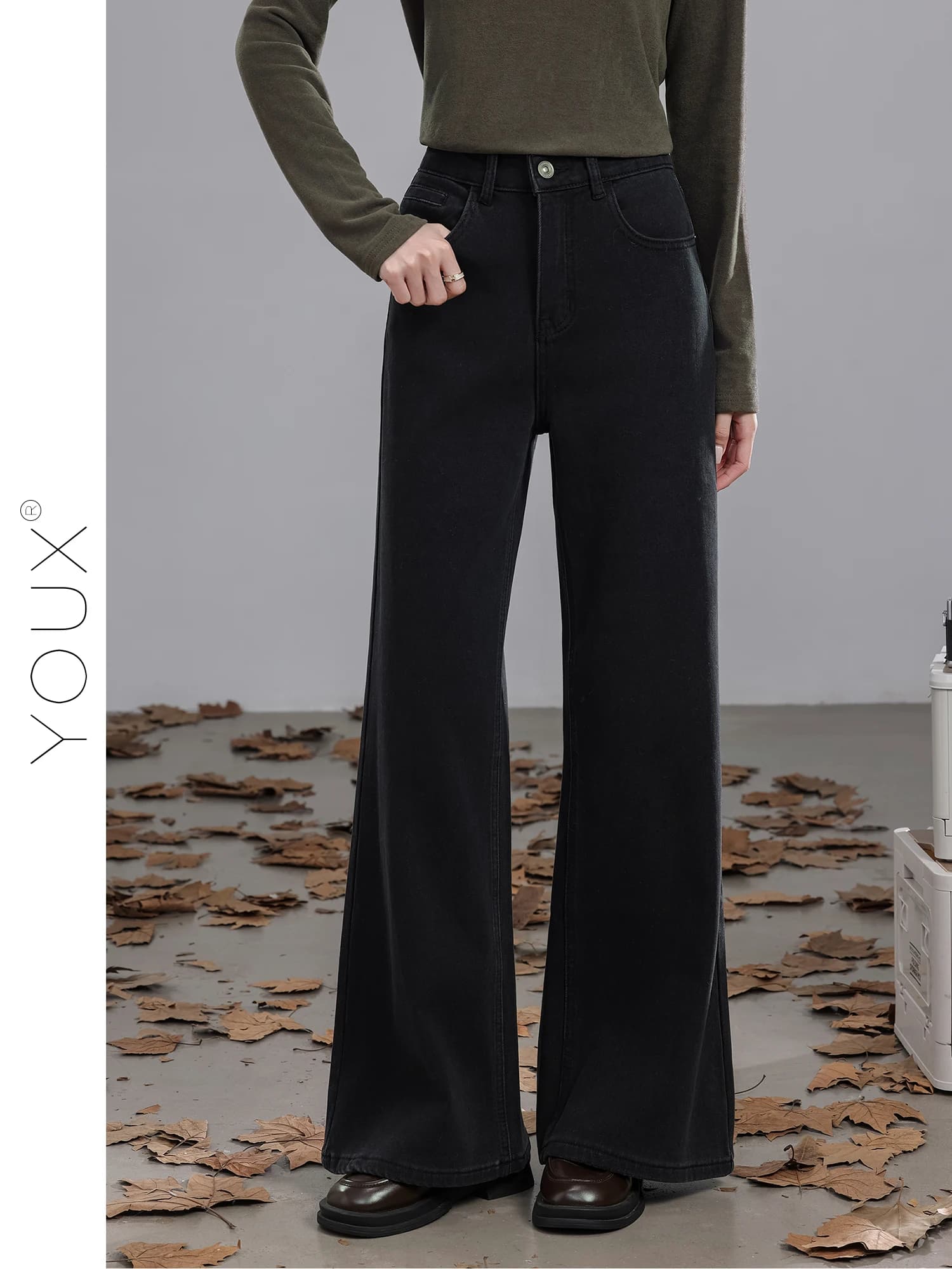 Retro Black Denim Jeans High Waist Thickened Wide Leg Pants Women's Winter Fashion Ladies' Premium Jeans Standard Fit