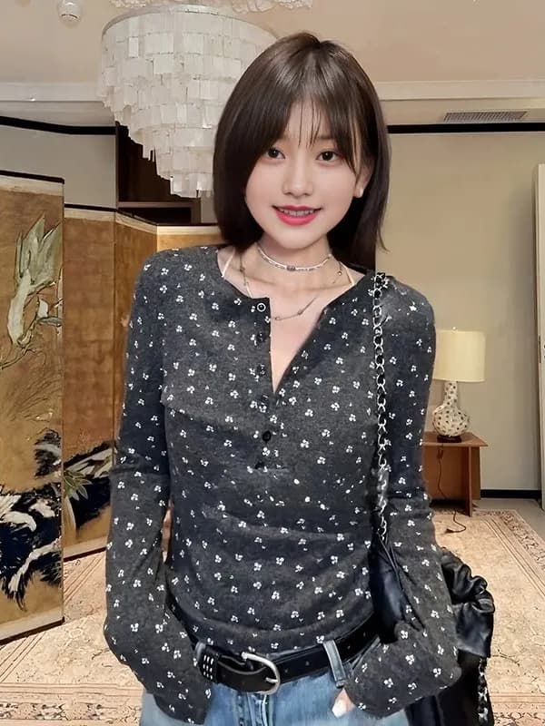 plus Size Korean Style Chic Half Button Floral Long Sleeve T-Shirt Women Spring New Fashion Slimming Top Breathable Skin-Frie...