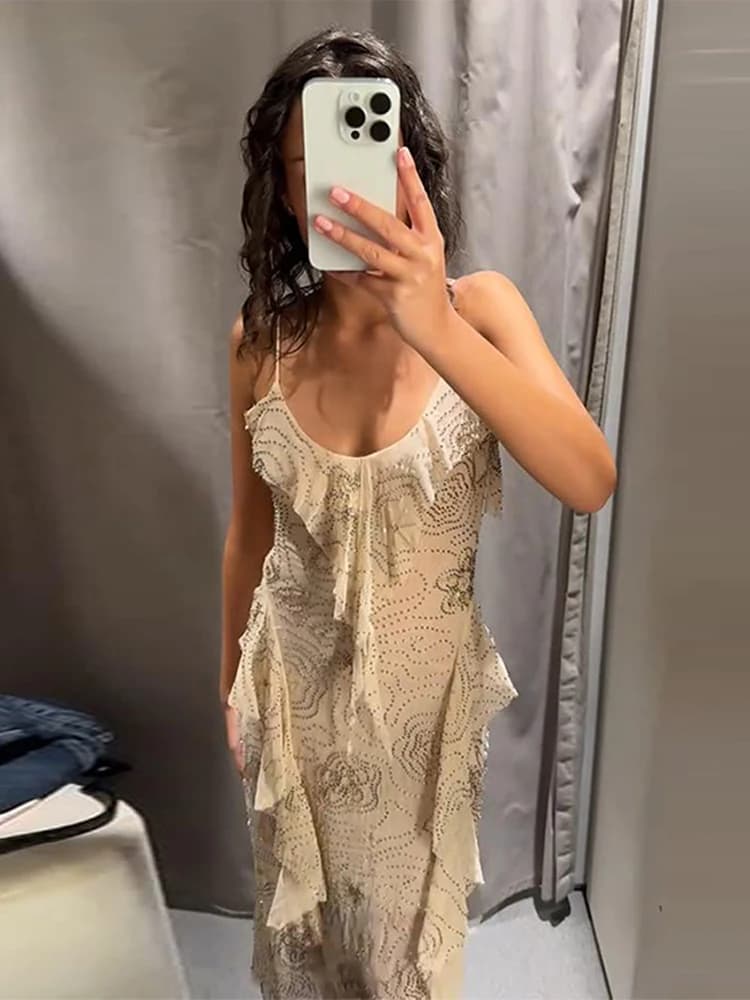 2026 Summer Sexy Beading Party Sling Dress Women Sequin Sleeveless V-neck Loose Ruffle Long Dresses Shinny Evening Robe New