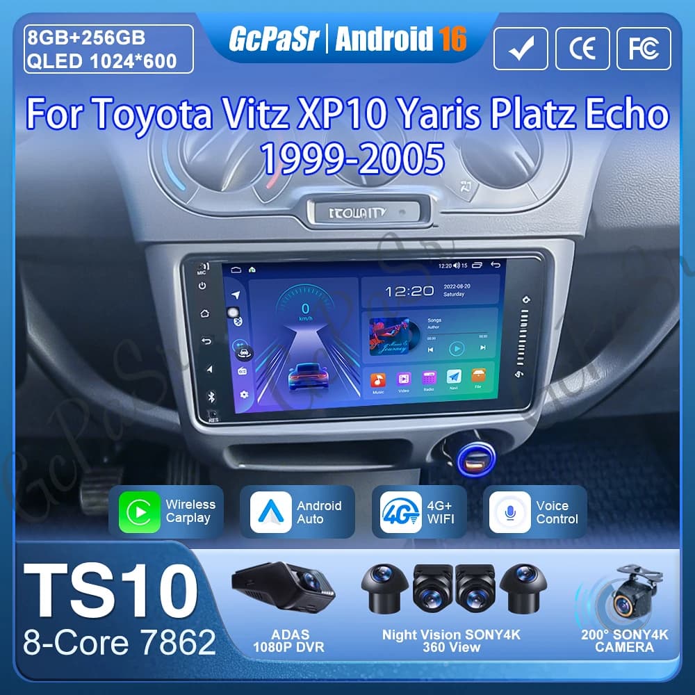 Autoradio Carplay For Toyota Vitz XP10 Yaris Platz Echo 1999-2005 GPS Navigation Android 15 Android Auto Video Wifi Unit No 2din