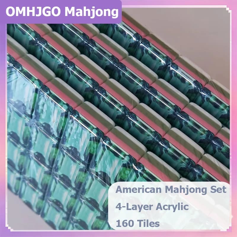 OMHJGO 160 Tiles Emerald Green Engraved American Mahjong Set Acrylic Luxury Portable Mah Jongg for Home Party Entertainment Gift