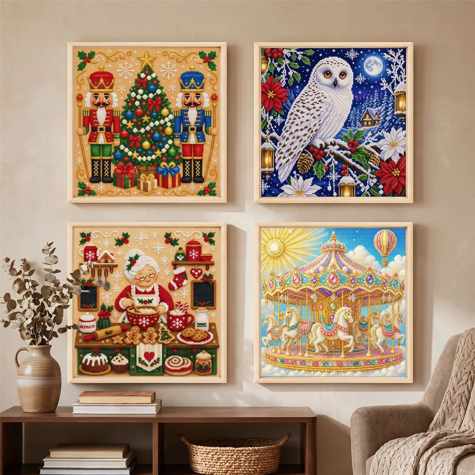 Christmas Cross Stitch Kit 14CT Stamped Printed Fabric Cotton Thread 45x45cm Holiday Embroidery Needlework Kit