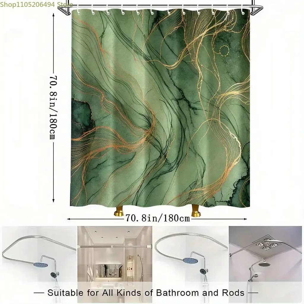1pc Elegante Tenda Doccia Verde con 12 Ganci - Decorazione Bagno di Lusso Adatta per Casa e Hotel, Stampa Digitale, Mac