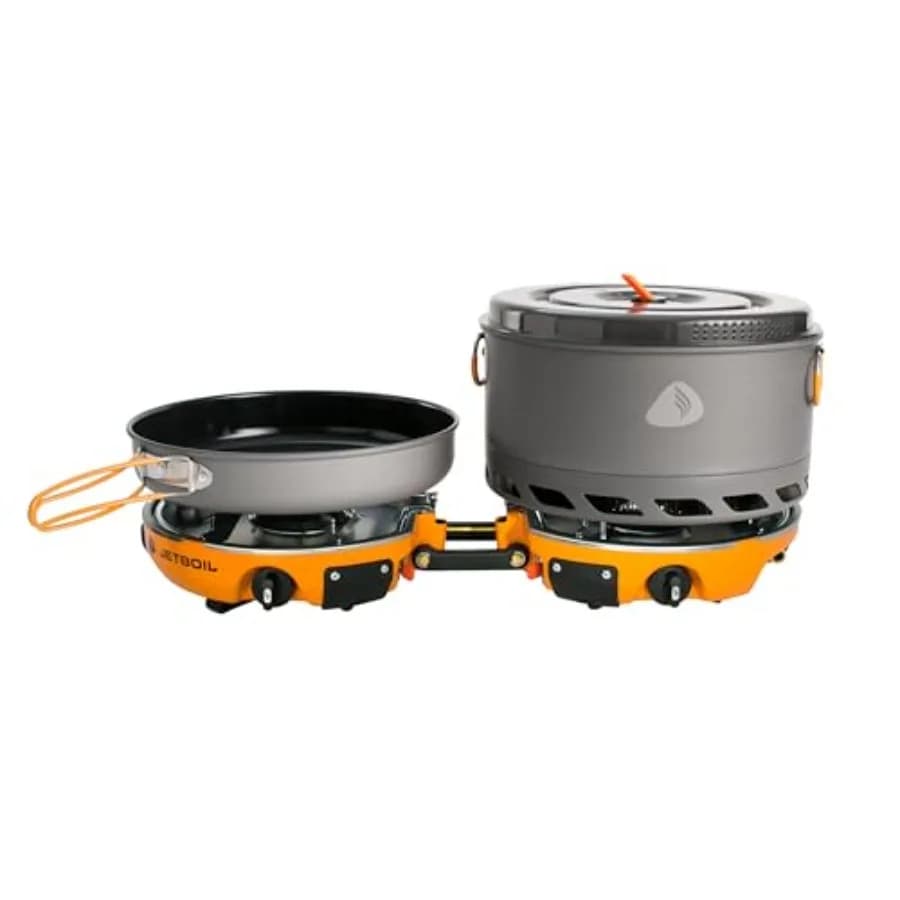 Genesis Basecamp cooking system for backpacking and camping with camping pots, compact, black aluminum, lightweight and durable