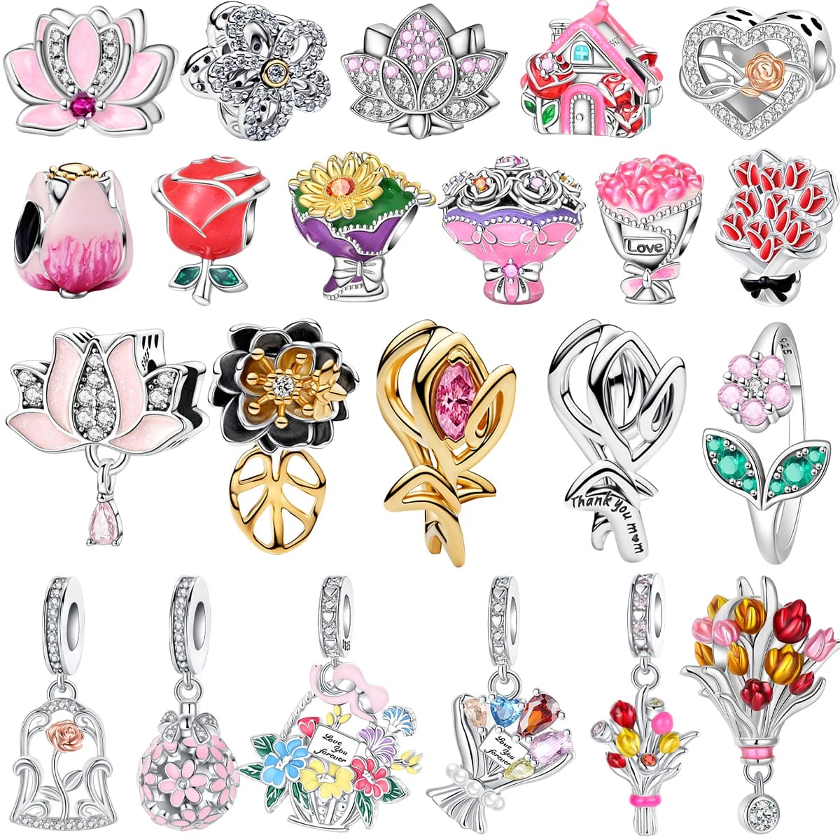 Original 925 Sterling Silver Charms Flower Rose Tulip Lotus Sunflower Beads Pendant Bracelets Necklaces Womens DIY Jewelry Gift