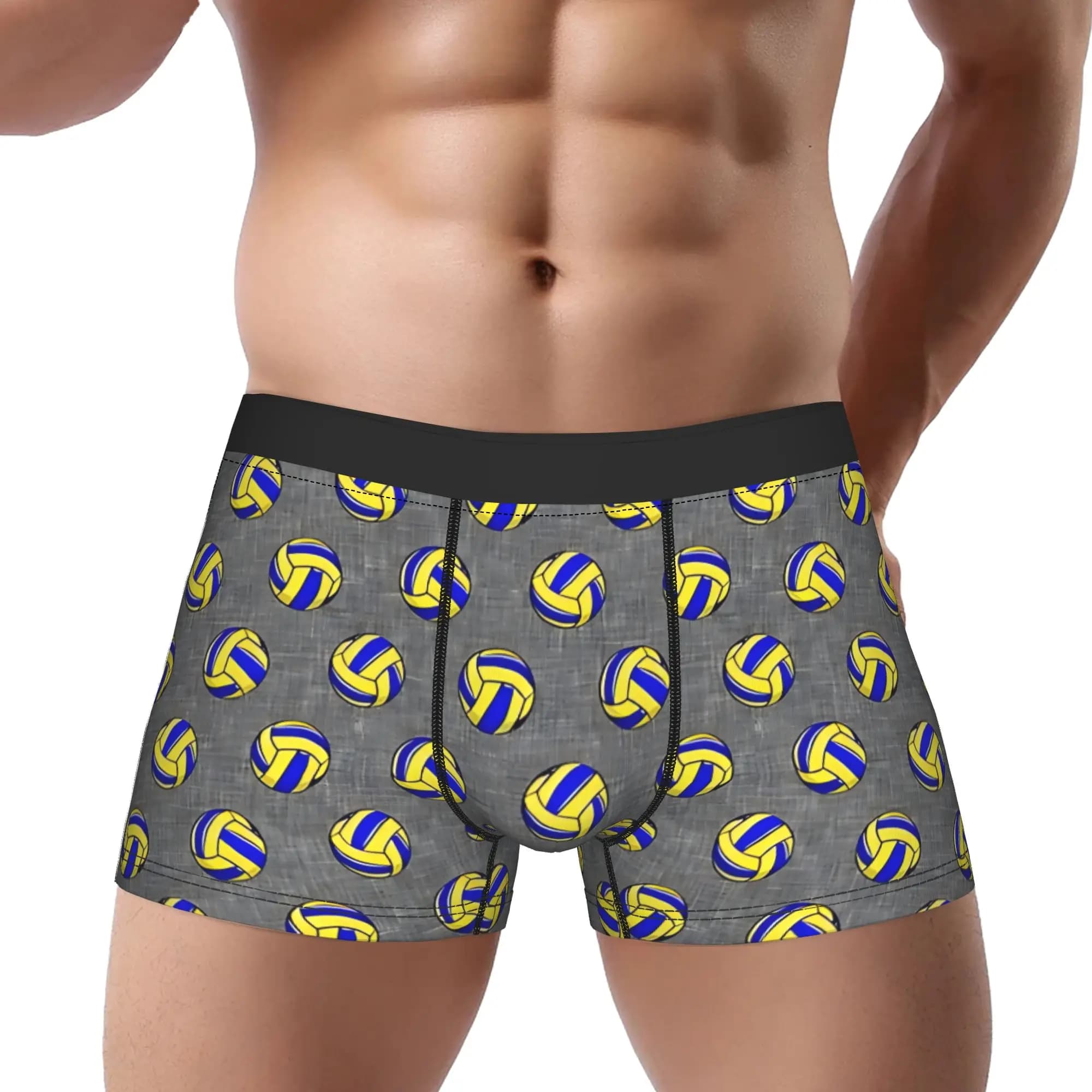 Pantaloncini da pallavolo blu e gialli su fondo grigio, mutande traspiranti, biancheria intima maschile, pantaloncini comodi, boxer.
