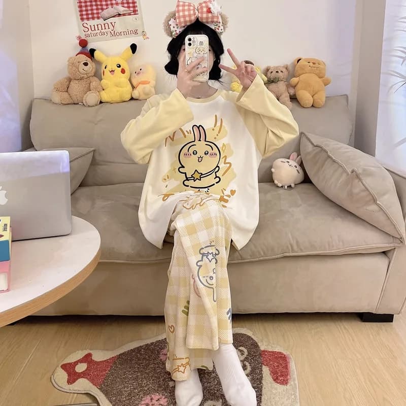 Anime Usagi Women Long Sleeved Pants Kawaii Chiikawa Girls Homewear Cotton Pajamas Suit Cartoon Hachiware Loose Nightwear