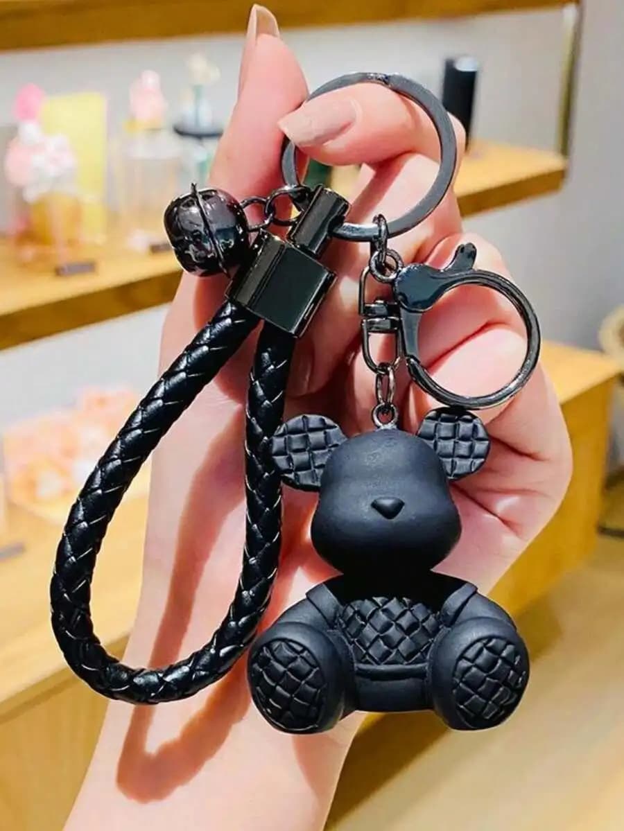 1pc Bear Shaped Keychain With Woven Rope, Can Be Used As Gift, Wallet, Backpack, Bag Charm. Black Resin Bear Keyring, Cool Keych