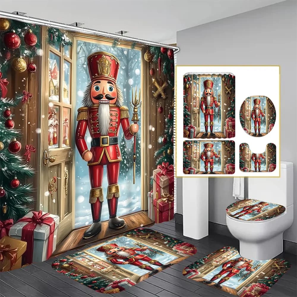 Set da bagno natalizio schiaccianoci da 4 pezzi, tenda da doccia, tappetino, copriwater, 12 ganci, accessori da bagno, decorazioni per la casa e il dormitorio, stile fattoria