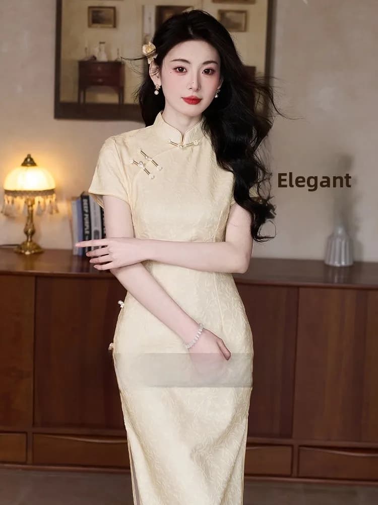 Elegant Yellow Daily 2026 New Style Chinese Retro Revamped Dress Women's Fashionable Simple Design Short Sleeve