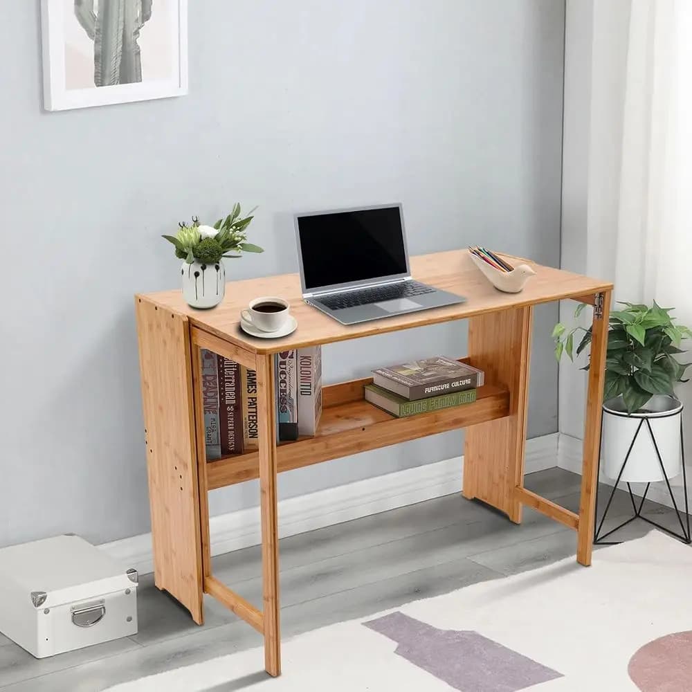 Portable Bamboo Computer Desk with Shelves - Ideal for Writing, Studying, and Gaming