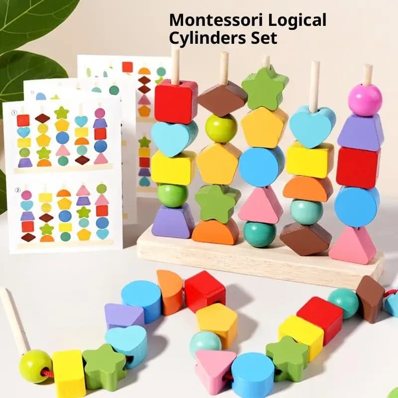 Blocchi impilabili Montessori, perline di allacciatura e set di giocattoli abbinati a forma; Giocattoli per l'apprendimento precoce in legno; Regali di sequenza educativa