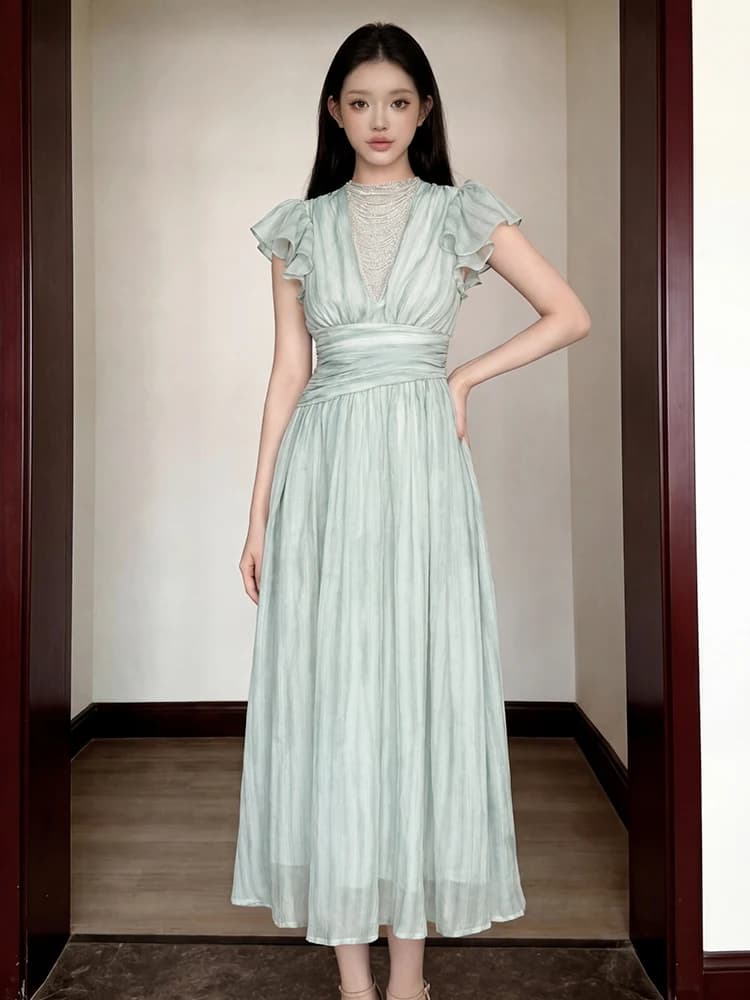 Abito Lungo Elegante Verde da Donna con Scollo a V, Maniche a Volant, Vita Alta e Pieghe - Vestito Maxi Estivo per Feste, Serate e Appuntamenti