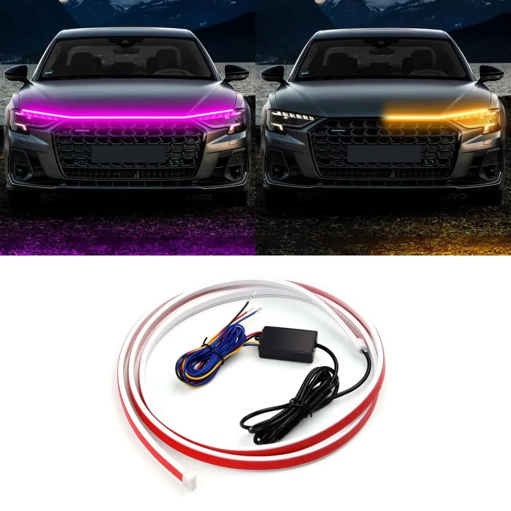 Striscia di luci di marcia diurna per auto a LED - Rosa e gialla Dual Color Plug And Play Start Scan Turn Signal 12V Luce universale per cofano auto
