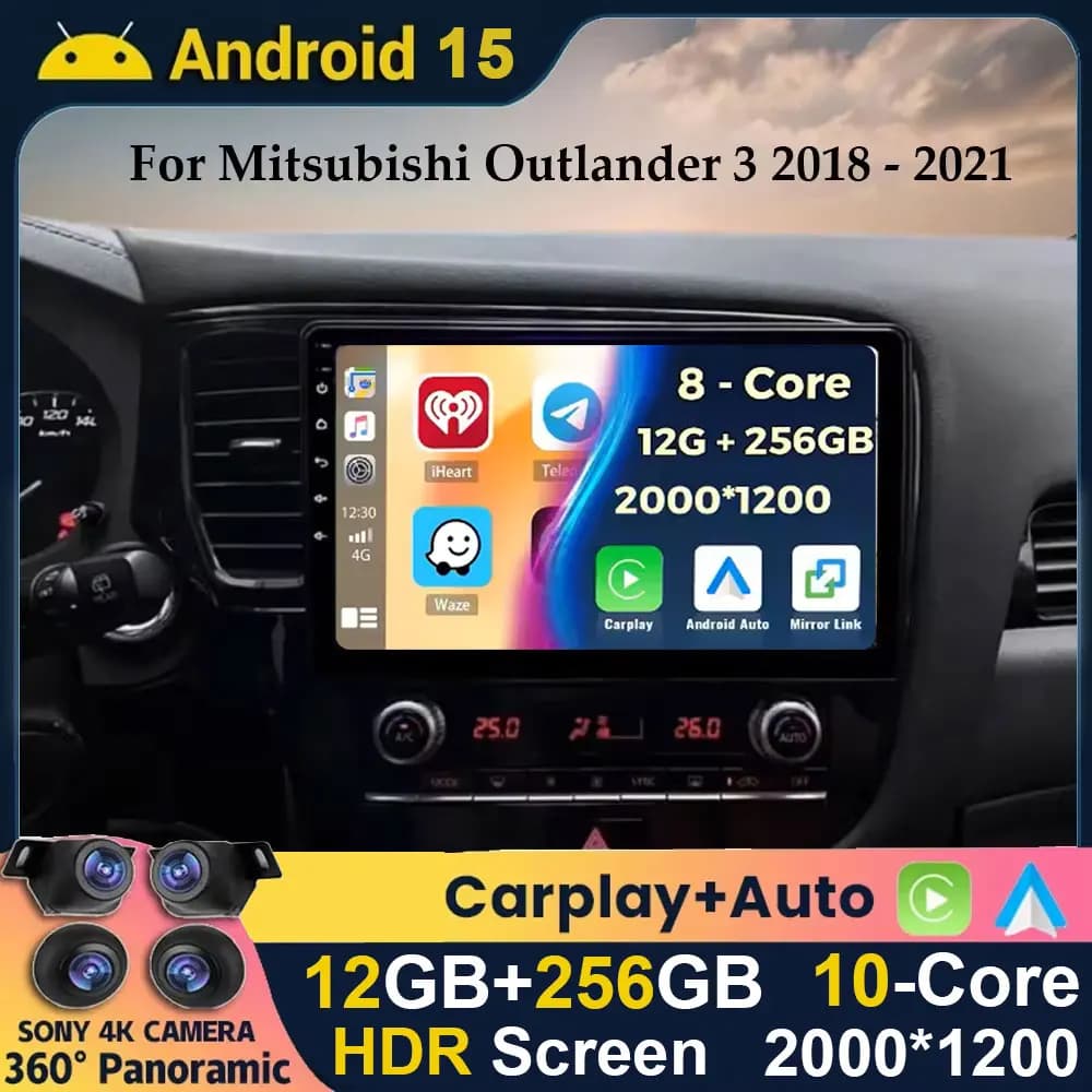 Android 15 CarPlay Autoradio for Mitsubishi Outlander 3 III GF0W GG0W 2018 2019 2020 2021 Multimidia Video Player Stereo 4G