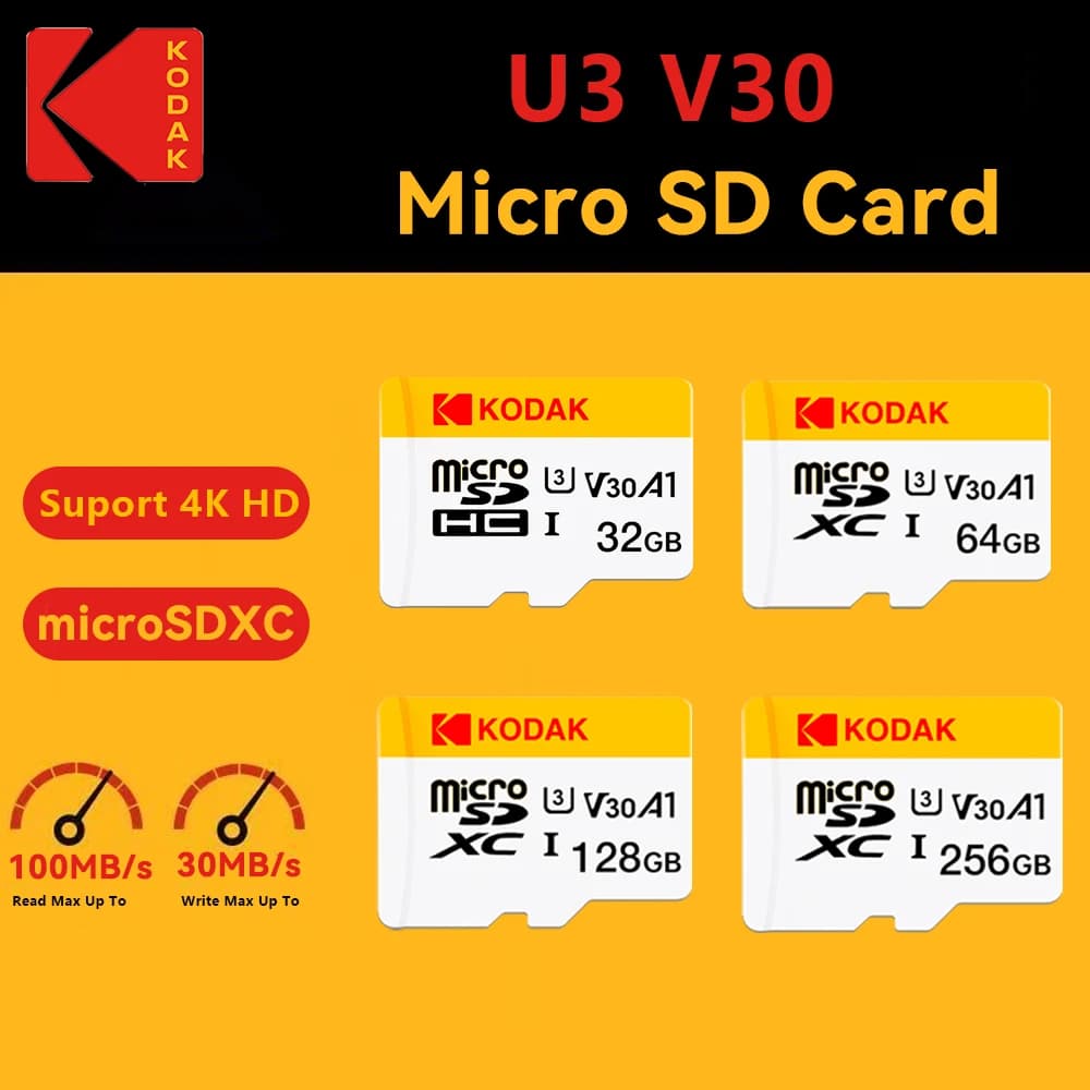 Scheda Micro SD KODAK 32GB 64GB 128GB 256GB Scheda di memoria Microsd Classe 10 U3 4K TF Card con Dash Cam per Sorveglianza e Smartphone