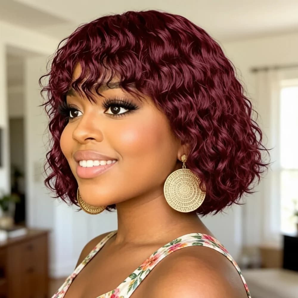Burgundy Short Curly human Hair Wigs with Bangs for Women, full machine made Human Hair Water Wave Wig Natural Looking