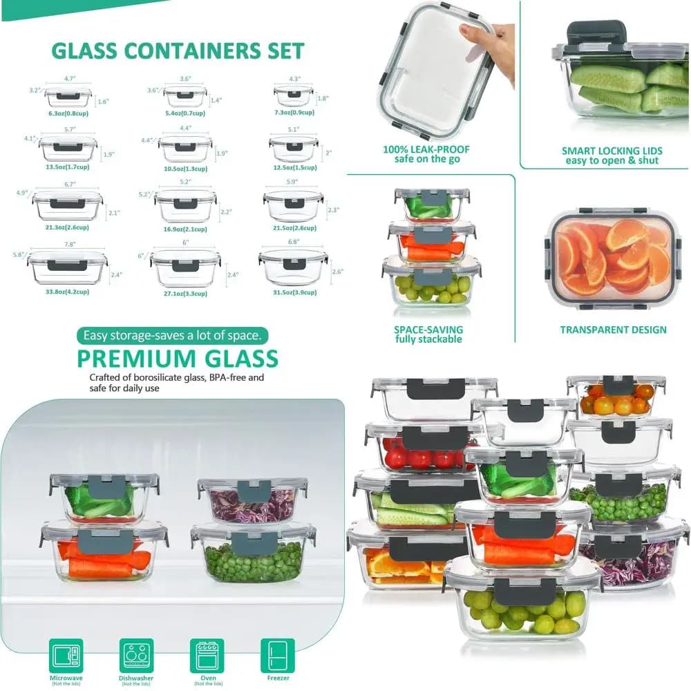 Contenitori impilabili e ermetici per la preparazione dei pasti in vetro - Set da 24 pezzi, congelatore, microonde, cassaforte per forno, grigio