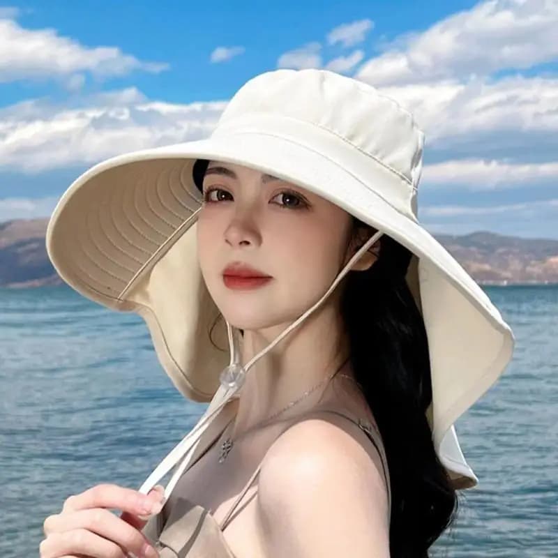 Cappello da Sole con Protezione UV per Collo, Visiera Parasole, Cappello da Pescatore da Viaggio con Apertura per Coda di Cavallo e Protezione per il Collo a Tesa Larga