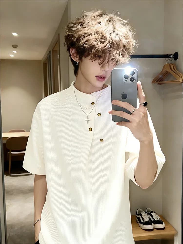 T-Shirt da Uomo Stile Casual a Maniche Corte, Design con Bottoni Irregolari, Mezza Manica, Stile Old Money, Traspirante e Delicato sulla Pelle
